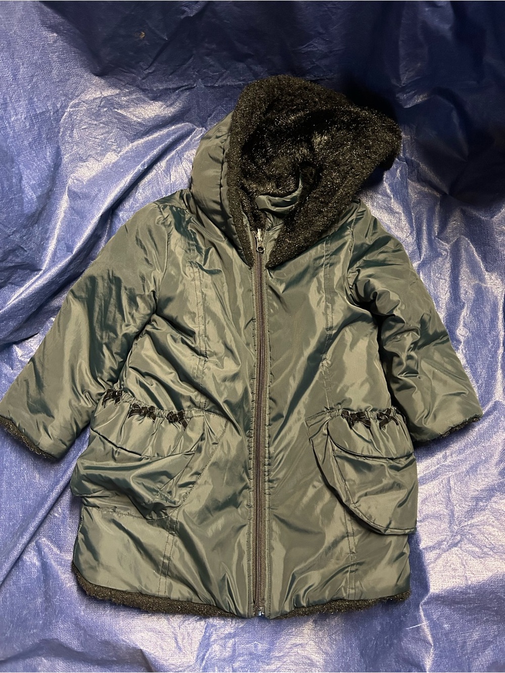 The Children's Place Dark Green Hooded Puffer Coat with Faux Fur Trim
